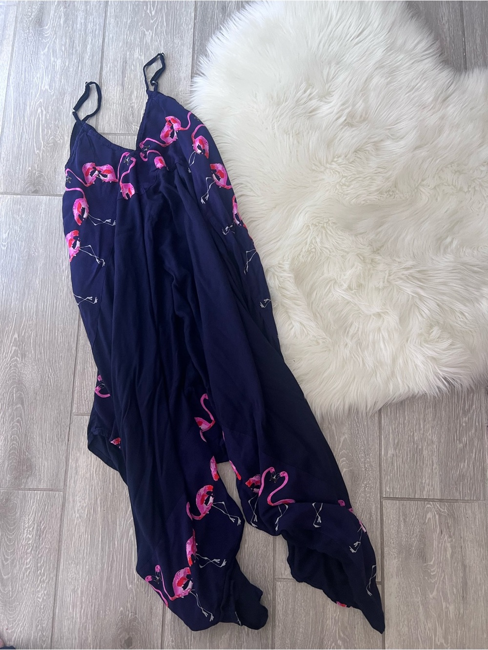 Cost Plus World Market Navy Jumpsuit with Pink Flamingo Print